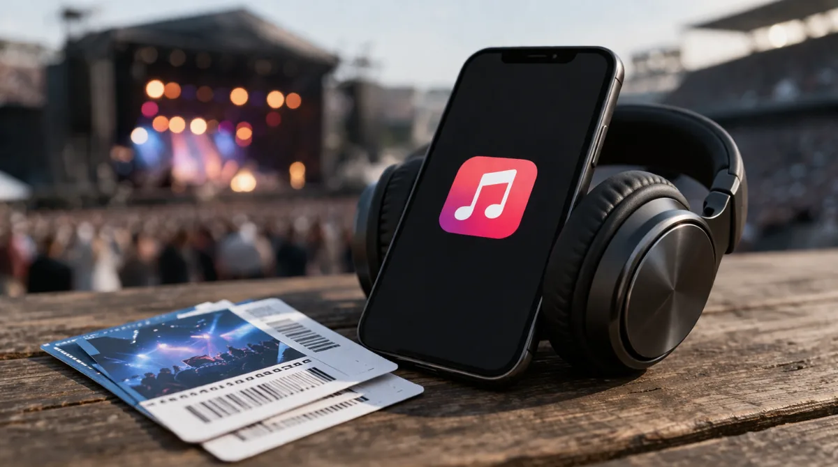 Smartphone and headphones beside concert tickets with a live stage in the background, showing Apple Music ticket integration