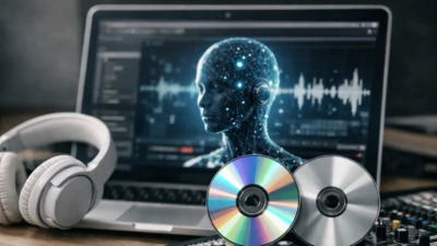Laptop displaying an AI-generated music waveform with digital human interface beside headphones and audio production equipment