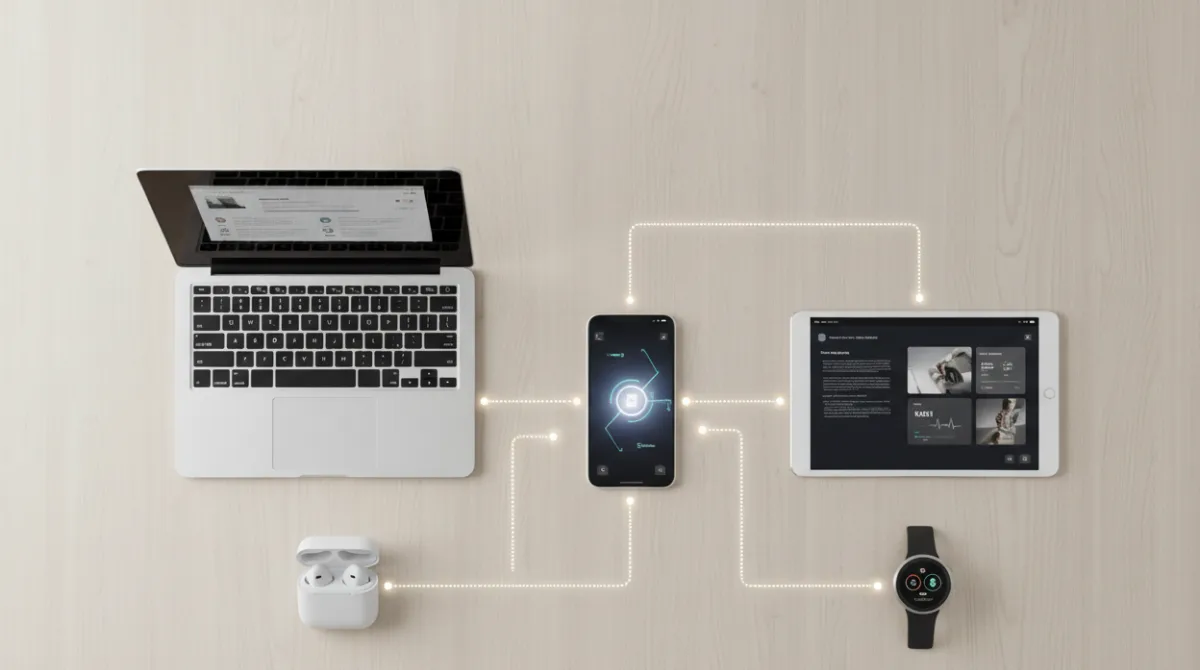Smartphone surrounded by laptop, tablet, smartwatch, and earbuds showing a fully connected device ecosystem in 2026