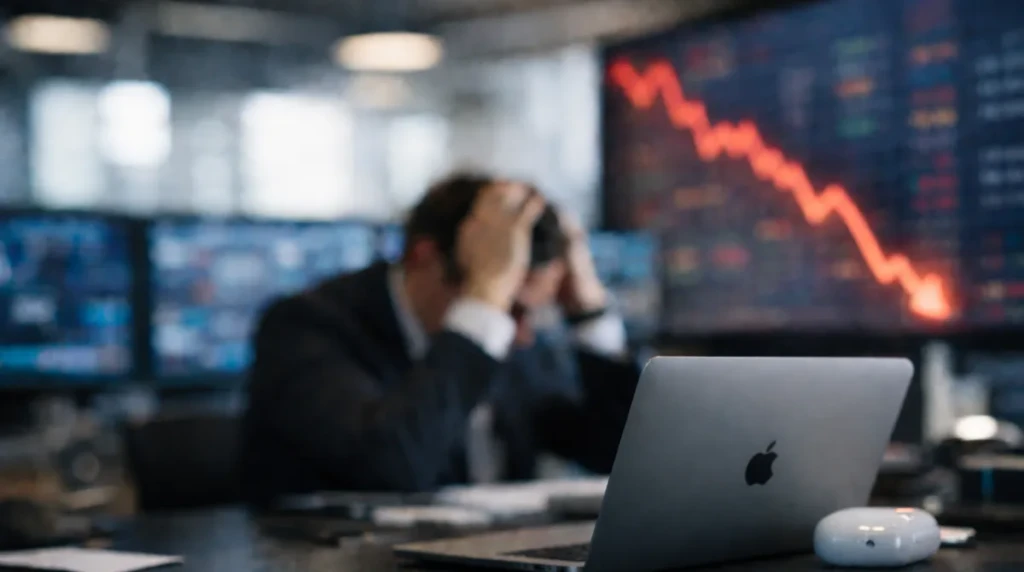 Apple Siri upgrade delay concept showing MacBook on desk with blurred falling market chart in background
