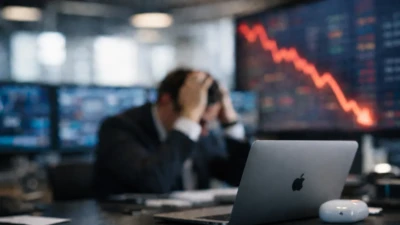 Apple Siri upgrade delay concept showing MacBook on desk with blurred falling market chart in background
