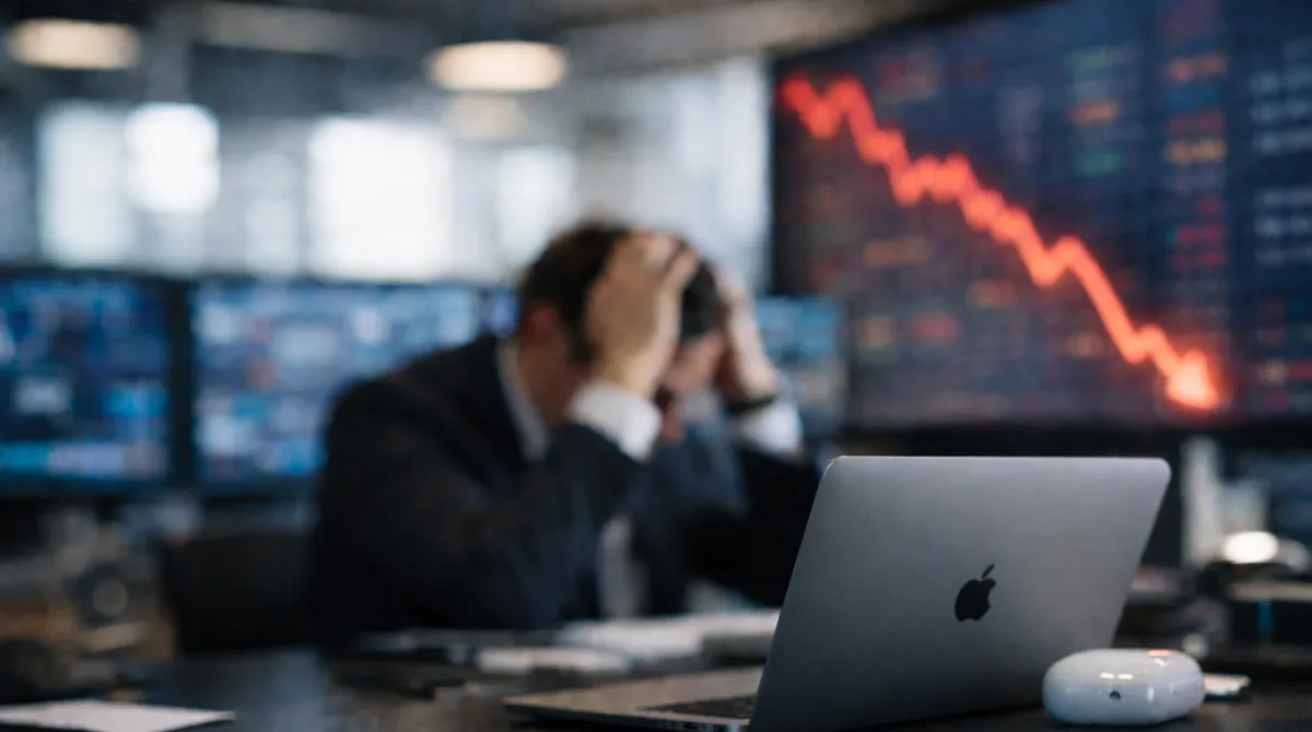 Apple Siri upgrade delay concept showing MacBook on desk with blurred falling market chart in background