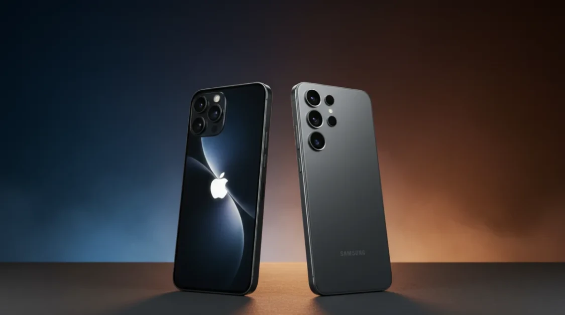 Apple iPhone and Samsung Galaxy flagship smartphones facing each other on a dark surface with dramatic cinematic lighting in 2026