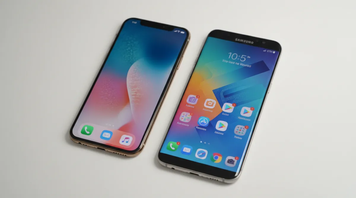 Apple iPhone and Samsung Galaxy flagship smartphones placed side by side on a clean surface in 2026