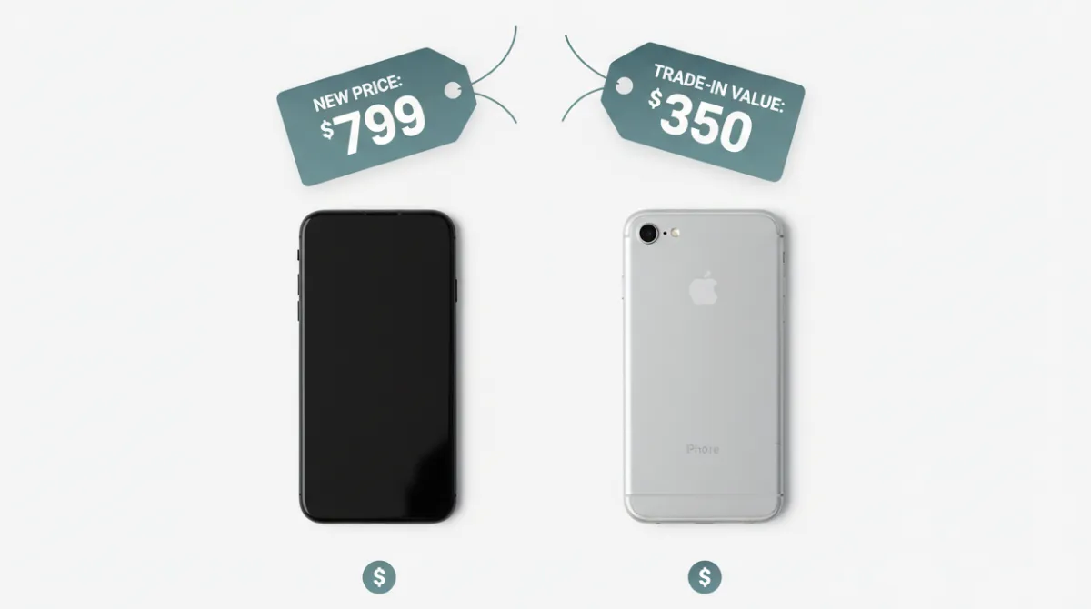 Two smartphones with price and trade-in value labels illustrating cost comparison between Apple and Samsung in 2026