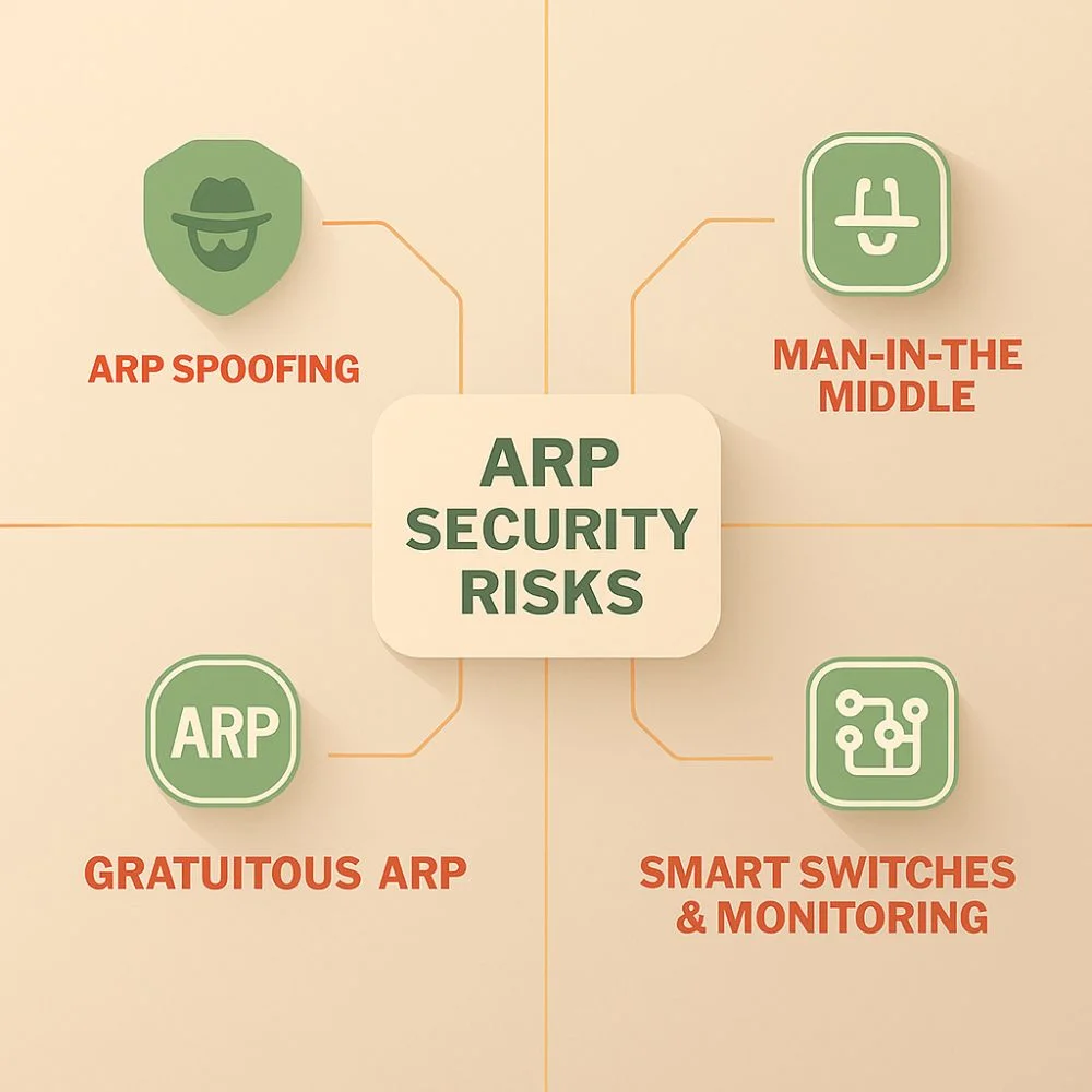 ARP security risks infographic with icons and beige background.