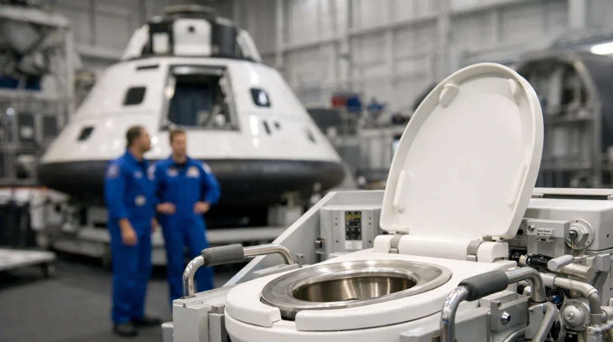 Close-up of compact space toilet inside Orion spacecraft mockup with astronauts in background in a training facility
