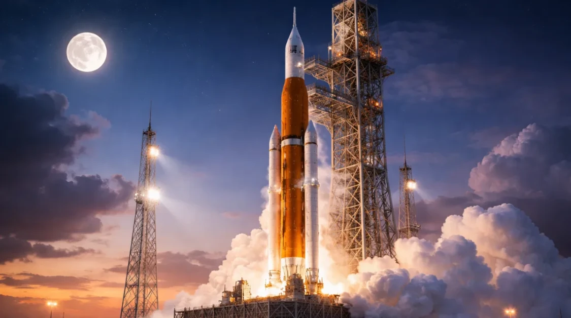 NASA’s Artemis II Space Launch System rocket on the launch pad during wet dress rehearsal ahead of crewed mission
