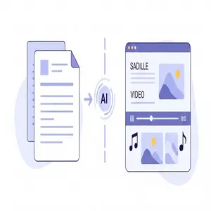 Illustration of text turning into a video with AI, subtitles, and music.