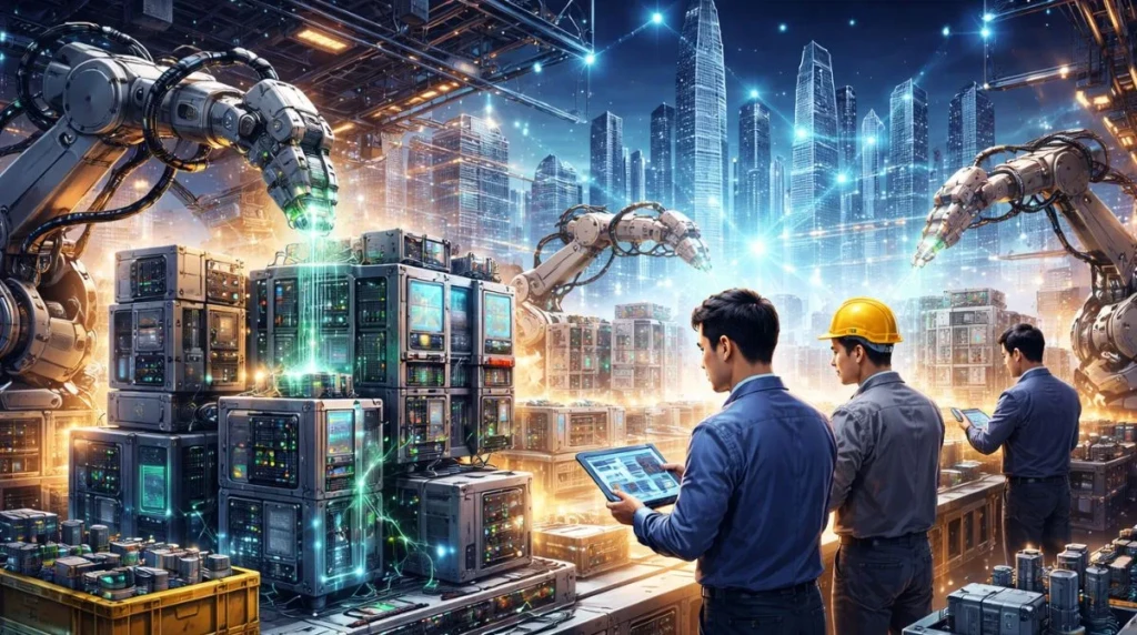 Futuristic Asian industrial facility with engineers and robotic systems assembling advanced power equipment used in AI data centers
