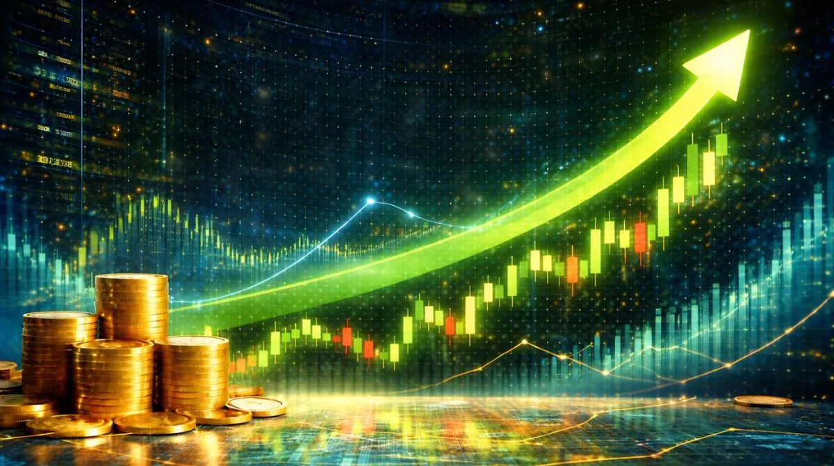 Digital illustration showing a strong stock market rally with rising green arrow, candlestick charts, and stacked gold coins symbolizing ASTS stock reaching a major milestone