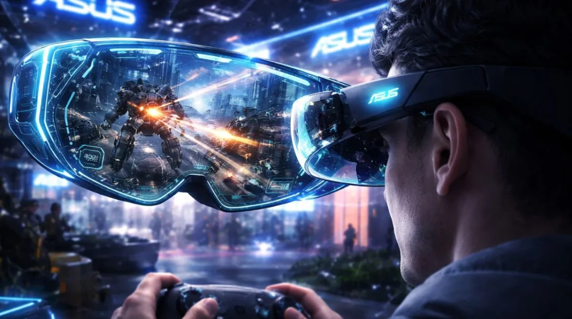 Person using Asus Xreal 240Hz augmented reality gaming glasses during an immersive gaming demo at CES 2026