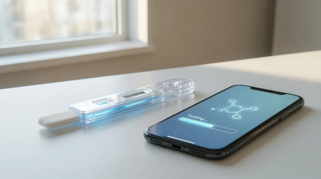 At home testosterone hormone testing kit with saliva sample and smartphone app showing test results in a modern bathroom