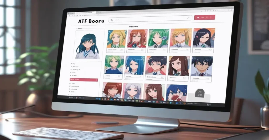 ATF Booru website interface displaying anime character thumbnails on a desktop screen