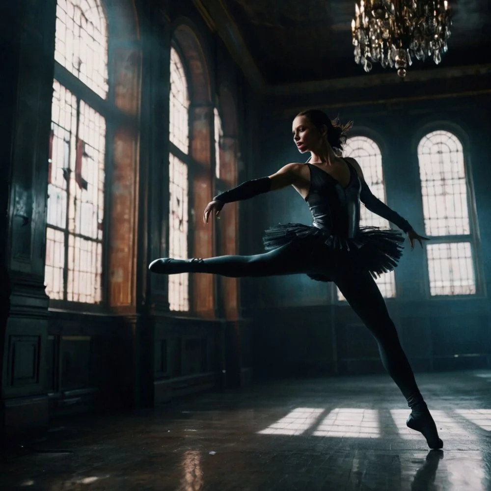 A fierce ballerina assassin fights in a shadowy opera house in Ballerina (2025).