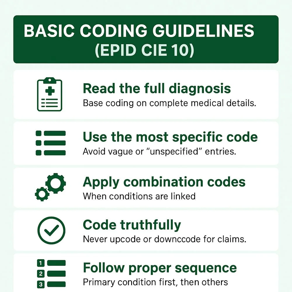 Basic coding rules for EPID CIE 10 including accuracy, specificity and correct sequence.