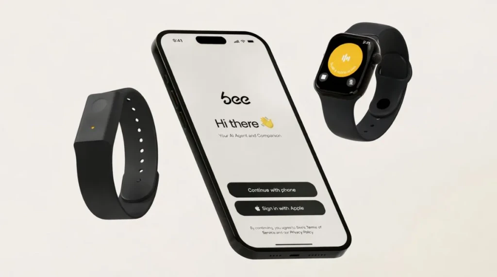 Bee wearable AI app displayed on smartphone alongside smartwatch and AI band on a light background