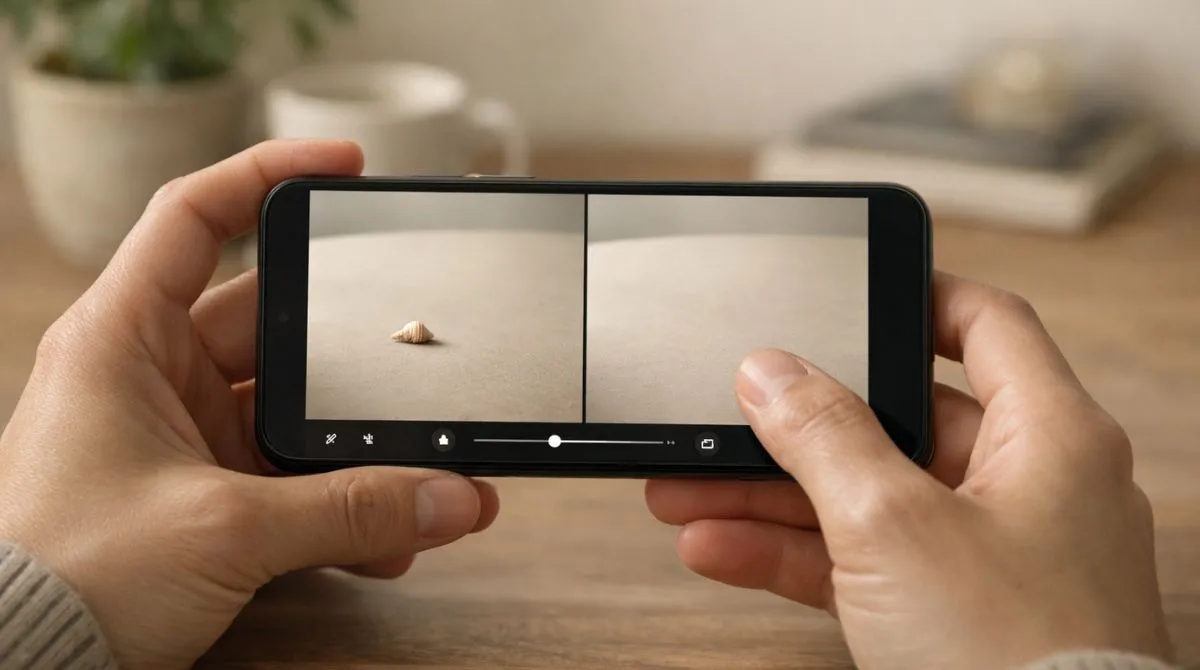 Hands holding a modern smartphone while editing a photo; the screen shows a subtle before-and-after where a small object is removed from a clean background in soft indoor light.