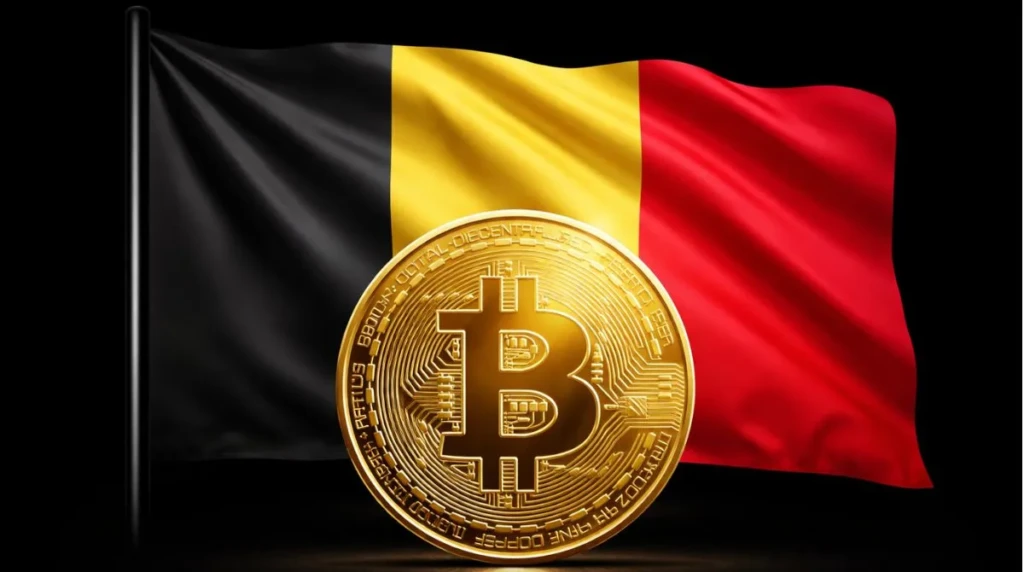 Bitcoin placed in front of the Belgium flag on a black background representing regulated crypto trading in Belgium
