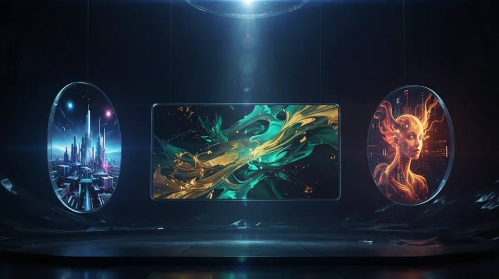 Three glowing AI-powered screens in a futuristic dark environment displaying different styles of AI-generated artwork representing ChatGPT, Midjourney, and Ideogram in 2026