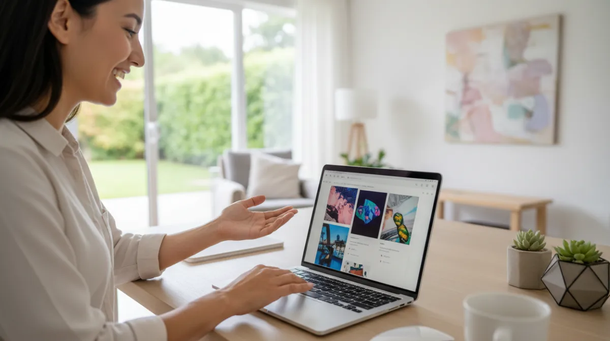 A smiling beginner using an AI image generation tool on a laptop at a bright minimal home desk in natural daylight