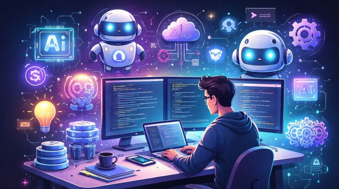 Developer working on multiple screens with AI-powered tools and coding interfaces in a futuristic workspace