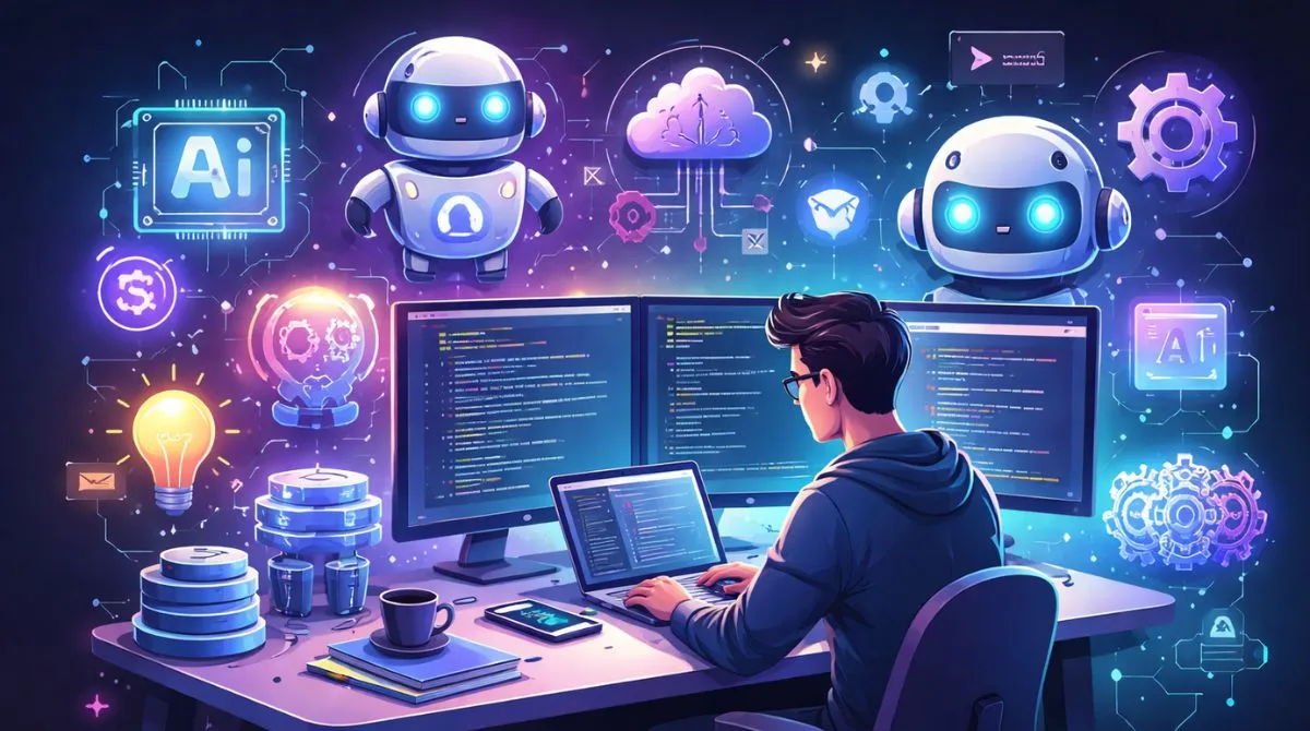 Developer working on multiple screens with AI-powered tools and coding interfaces in a futuristic workspace