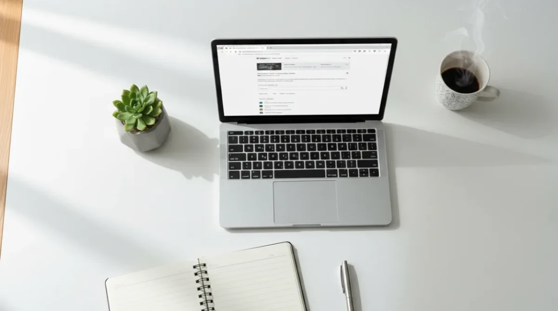 Clean minimal laptop workspace with browser open and productivity tools visible, representing the best browser extensions for student and researcher productivity in 2026