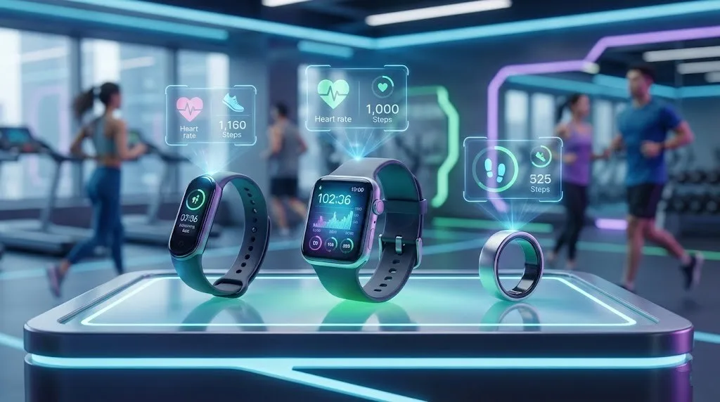 A futuristic 2026 gym setting showing a holographic comparison of the best wearable tech devices, including a slim fitness band, an advanced smartwatch, and a smart ring displaying glowing health and activity metrics.