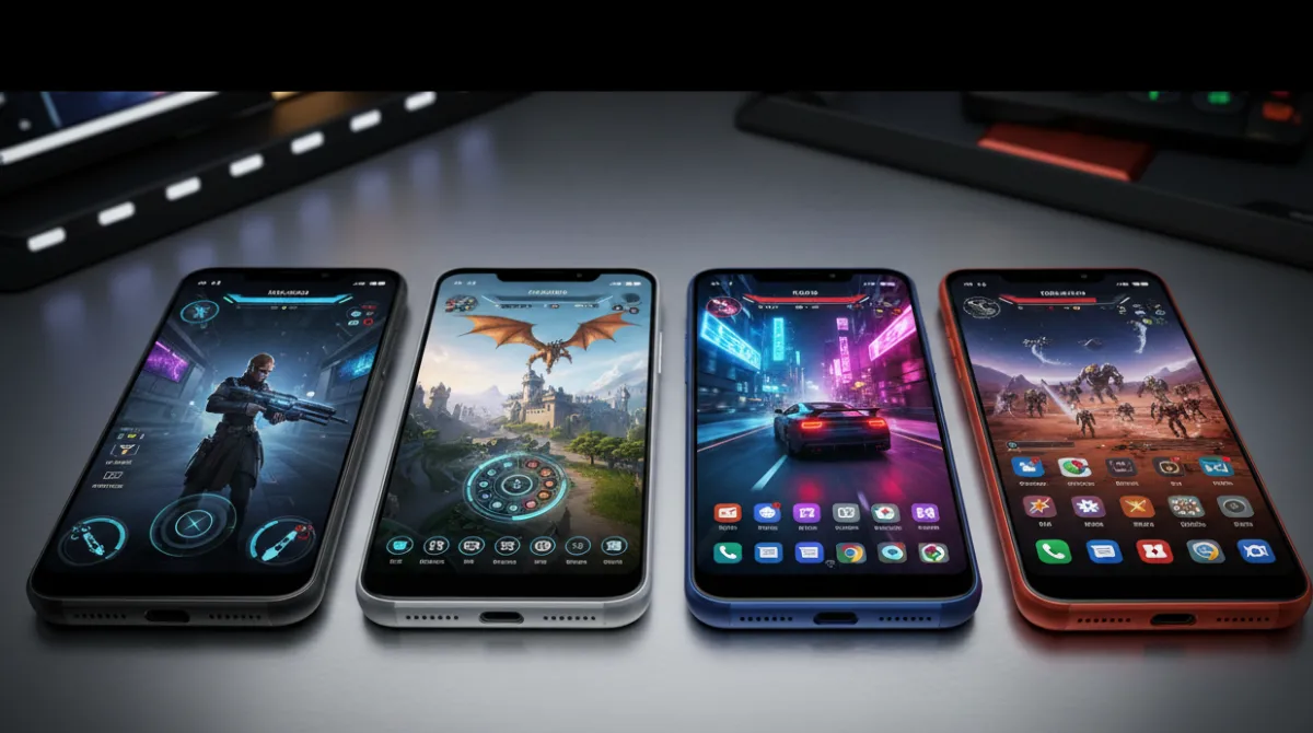 Four top gaming smartphones of 2026 displaying high-performance gaming interfaces side by side
