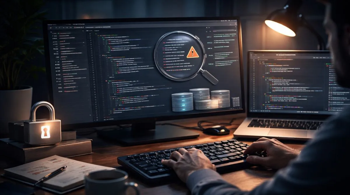 Developer reviewing AI-generated code on a dark-themed workstation with a focus on security and code quality