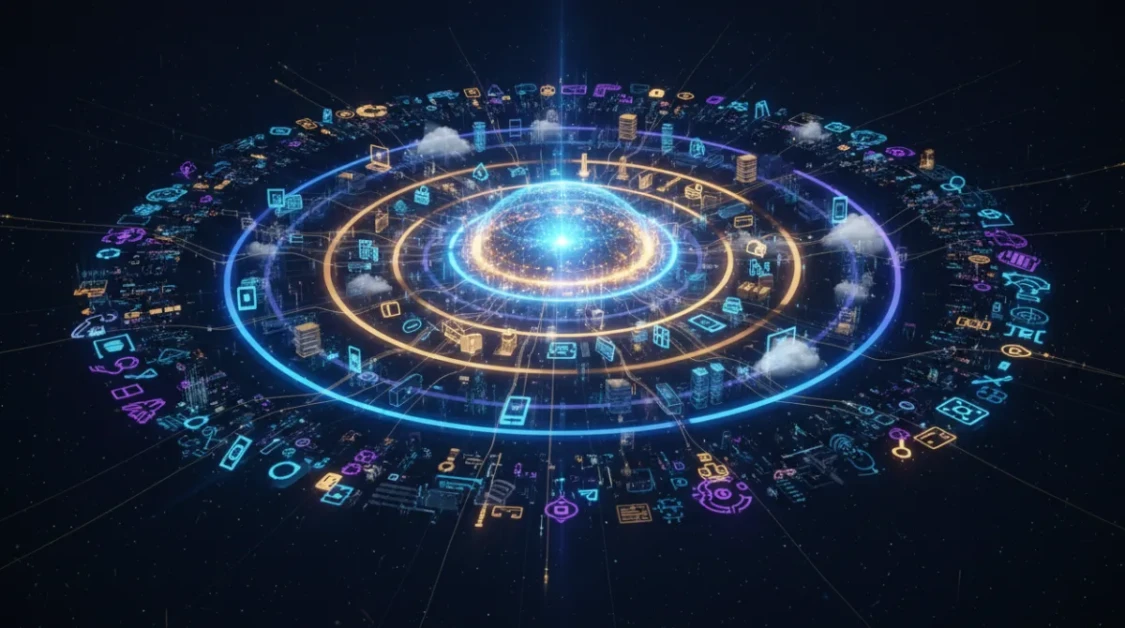 Cinematic digital illustration of a glowing interconnected tech ecosystem with orbiting rings representing devices, cloud, payments, identity, and apps revolving around a central luminous core