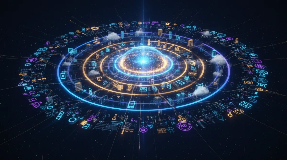 Cinematic digital illustration of a glowing interconnected tech ecosystem with orbiting rings representing devices, cloud, payments, identity, and apps revolving around a central luminous core