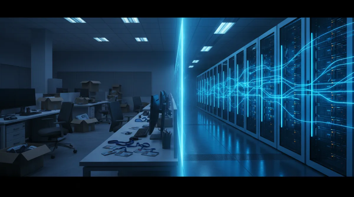 Split image showing corporate layoffs on the left with empty desks and badges, and glowing AI server racks on the right, representing Big Tech's dual strategy of cutting headcount while increasing AI investment