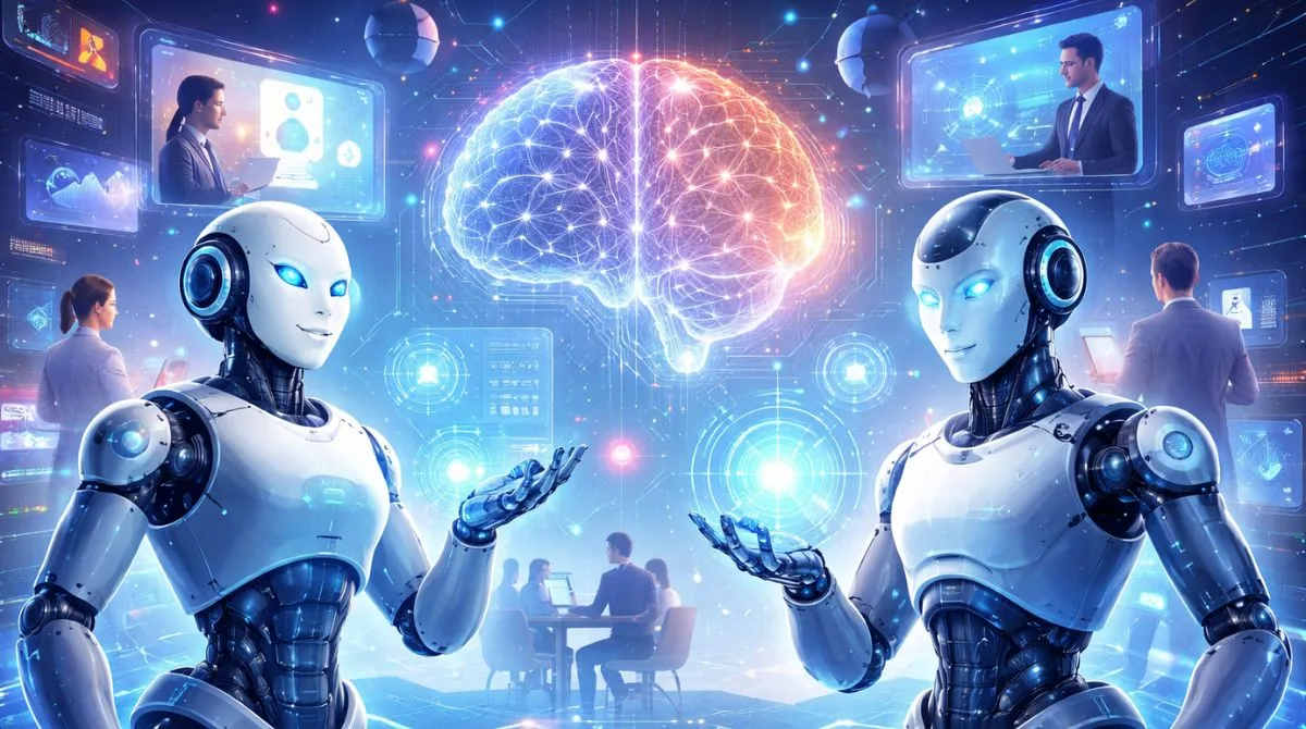 Big Tech companies transitioning from AI chatbots to autonomous AI agents in a futuristic digital environment