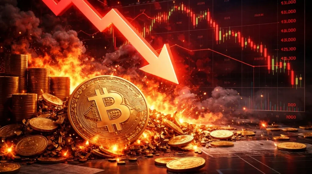 Bitcoin price plunging in a volatile crypto market with falling charts and liquidation pressure