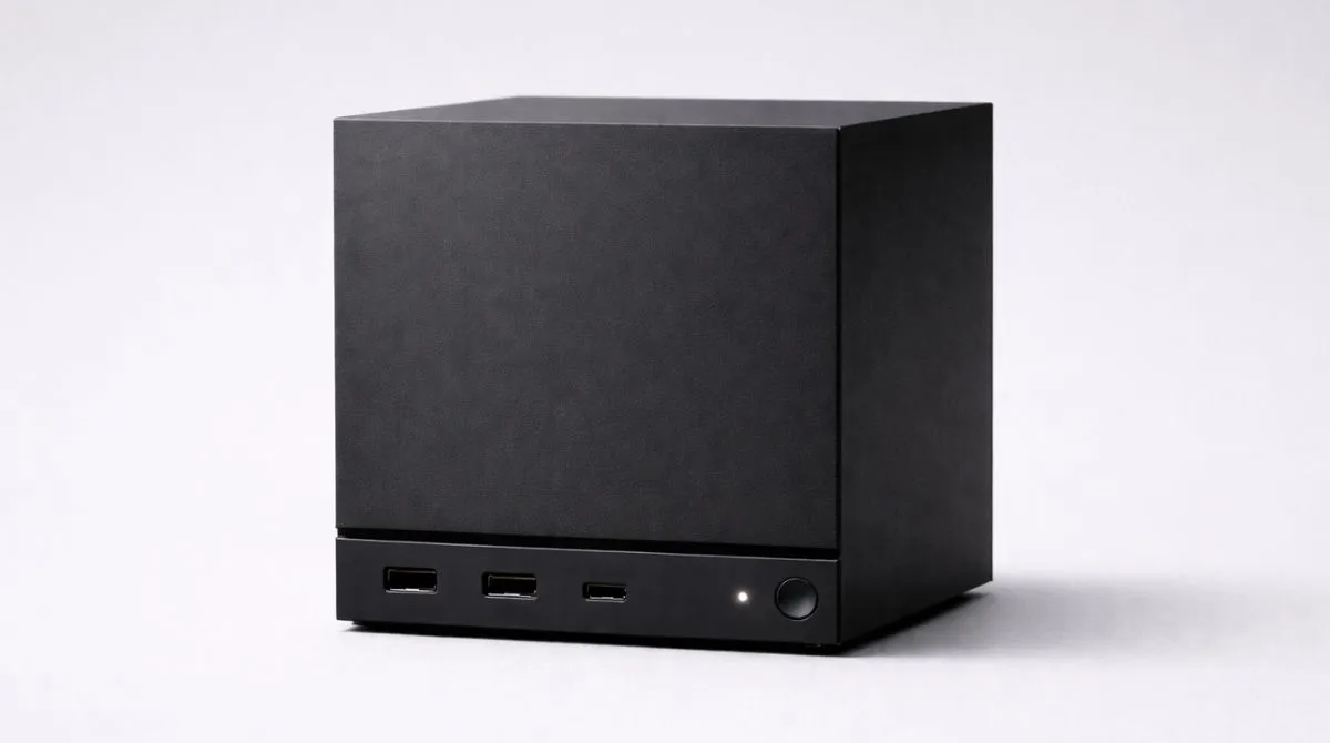 Matte black cube-shaped smart device with front ports and power indicator on a gray background