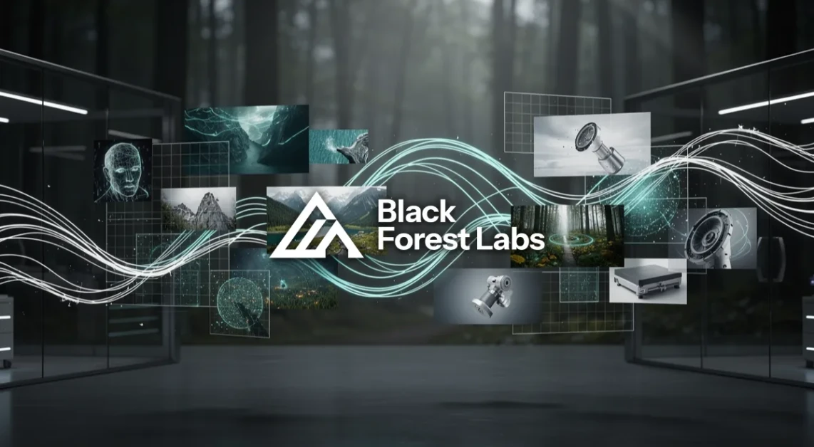 Futuristic visualization representing Black Forest Labs FLUX AI models with glowing data structures in a digital forest environment