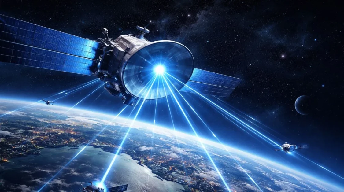 Futuristic high-capacity communication satellite network delivering ultra-fast global internet from low Earth orbit