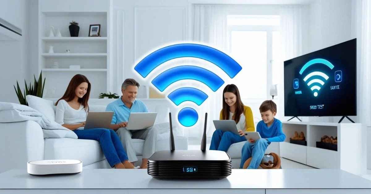 Family using multiple devices with strong Wi‑Fi signal in a modern living room
