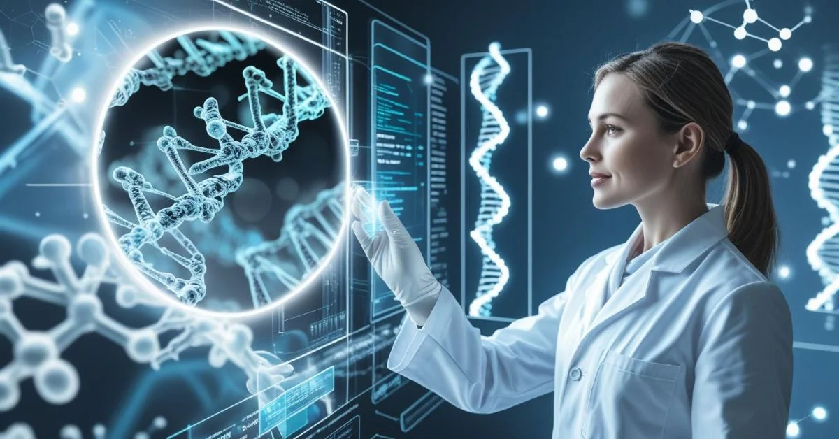 Scientist examining DNA structure on futuristic digital screen.