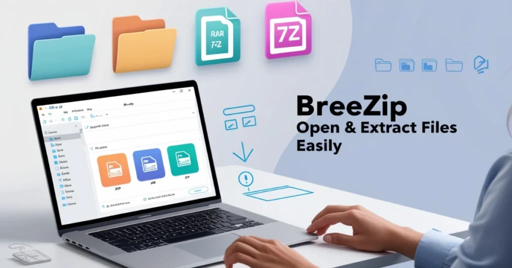 Laptop screen displaying BreeZip software interface with ZIP, RAR, and 7Z file icons. Workspace background includes digital file folders and extraction progress bar, highlighting easy file management.