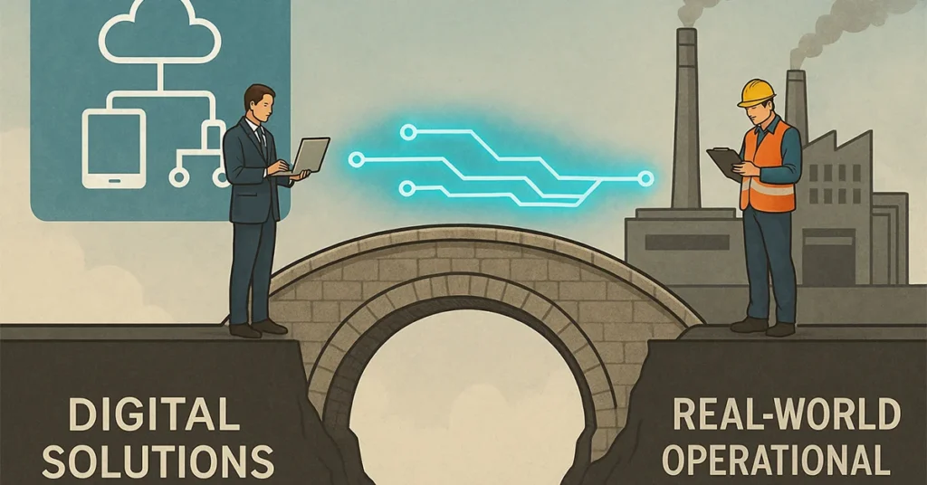 Conceptual bridge connecting digital technology and real-world industry.