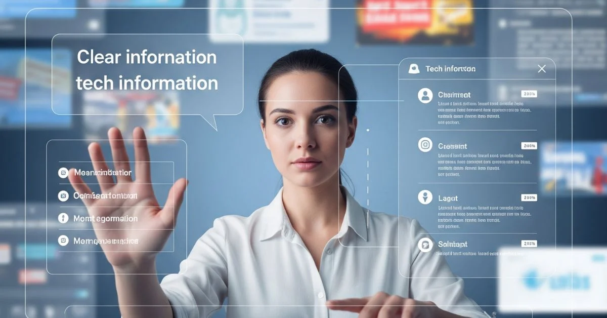 a woman, engaging with a holographic or transparent digital interface that presents well-organized tech data