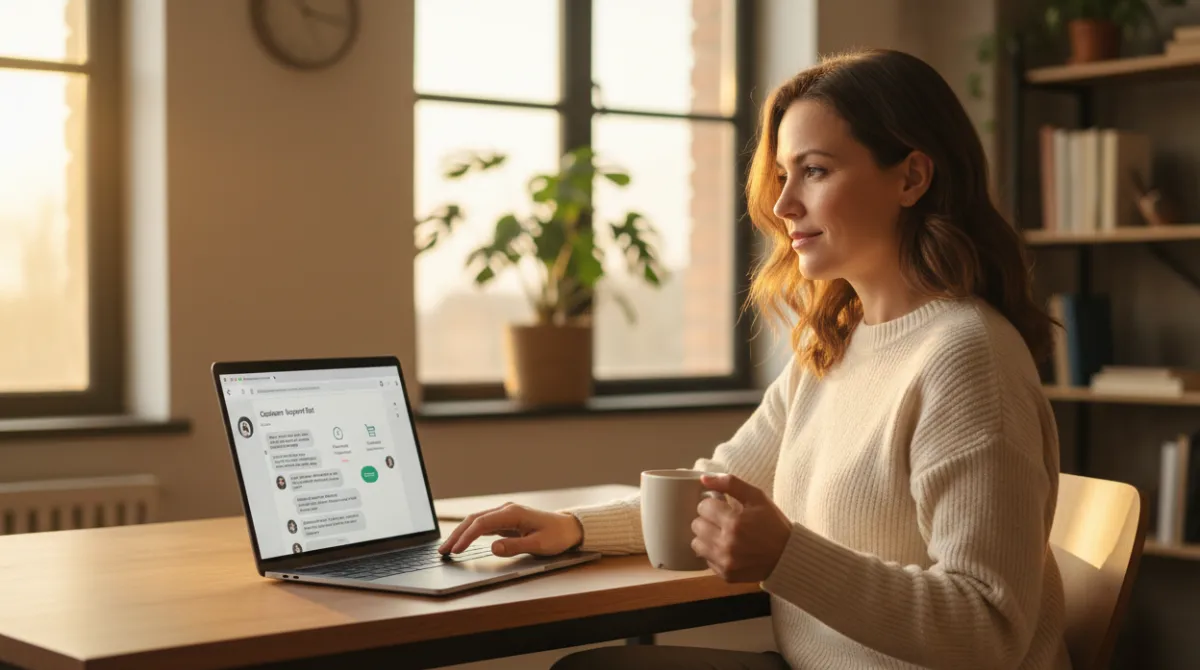 A business owner on a laptop managing automated AI chatbot responses for customer inquiries on WhatsApp
