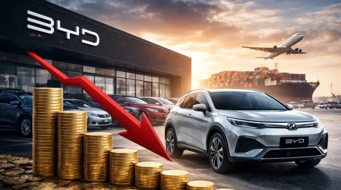 BYD electric vehicles displayed at a dealership with global shipping elements symbolizing overseas expansion amid sales decline