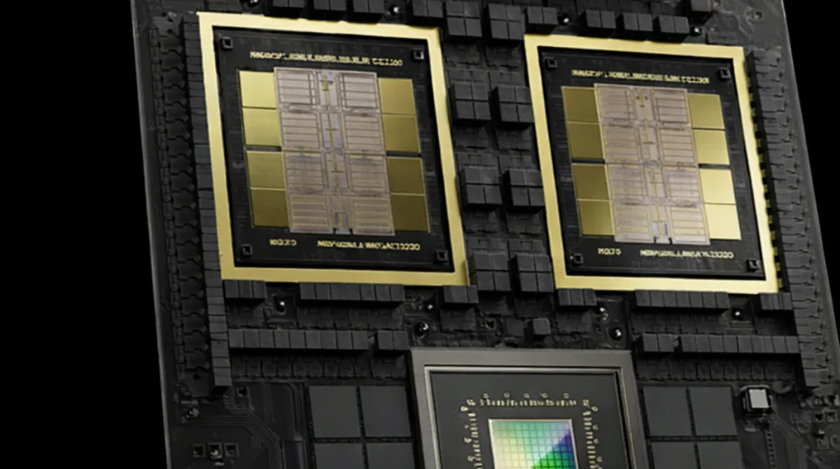 Close-up of advanced AI server hardware showing multiple processor chips on a black board representing ByteDance Nvidia Blackwell Chips.