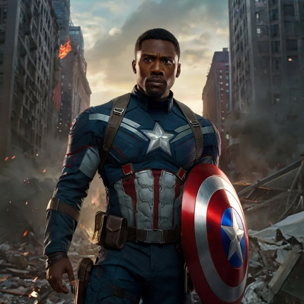 Sam Wilson as the new Captain America stands in a destroyed city with his shield, ready for action in Brave New World (2025).