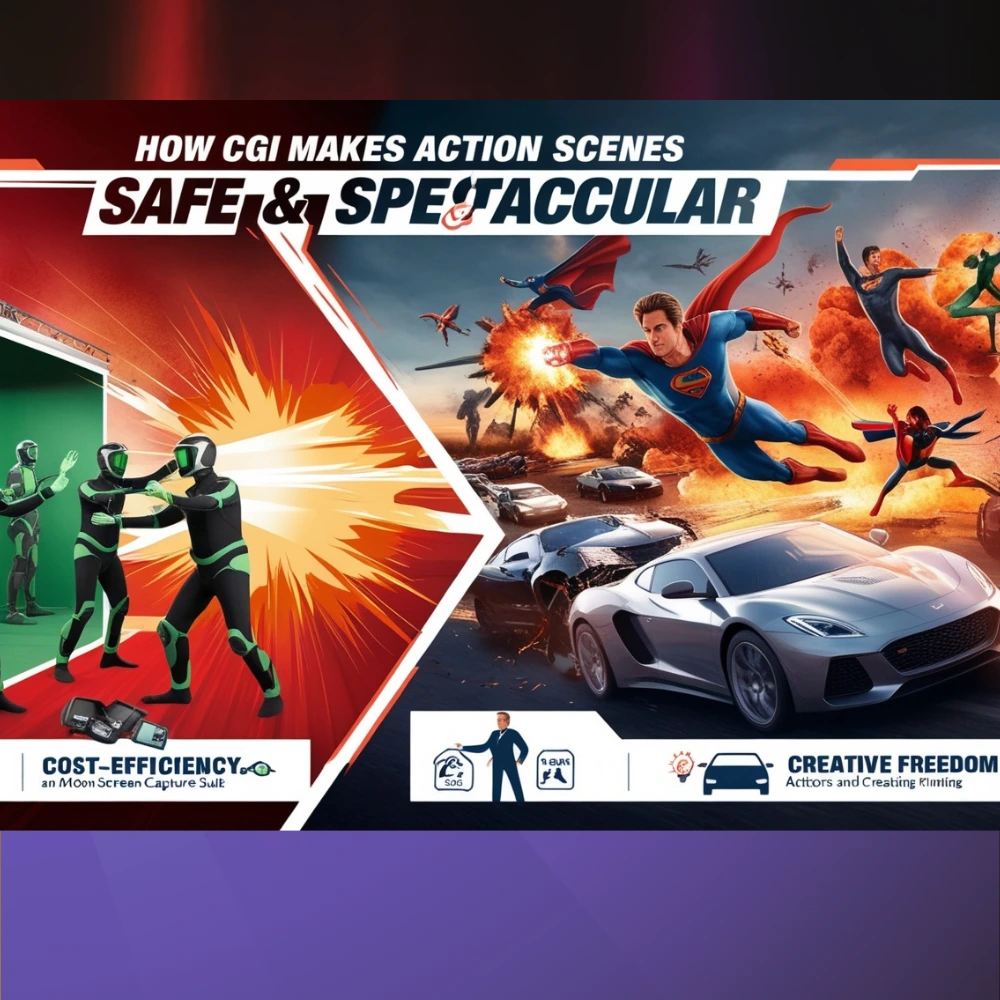 Split-screen showing actors performing on a green screen with motion capture suits, transformed into a CGI action scene with explosions and stunts.