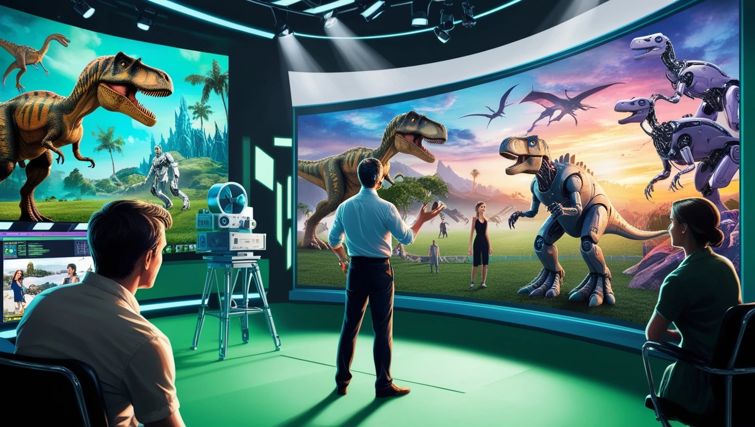 Director using CGI tools on a digital set with 3D models, green screen, and movie characters like dinosaurs and robots blending into a film scene.
